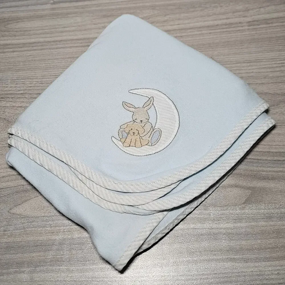 Vintage Carters Baby Blue Blanket Moon Bunny Rabbit Puppy Dog Embroidered